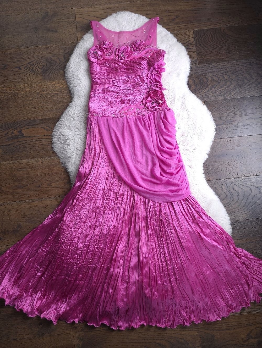 Euro Y2K Rosettes Plisse Pleats Beaded Draped Rouched Maxi Dress